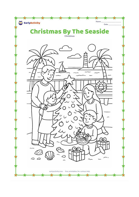 Colouring page: A family decorates a small Christmas tree on a sunny seaside promenade, with shells, a lighthouse, boats, palms, wrapped gifts and a wreath on a nearby bench. One child hangs a star…
