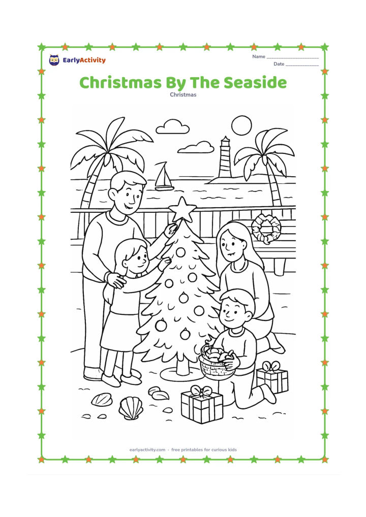 Colouring page: A family decorates a small Christmas tree on a sunny seaside promenade, with shells, a lighthouse, boats, palms, wrapped gifts and a wreath on a nearby bench. One child hangs a star…