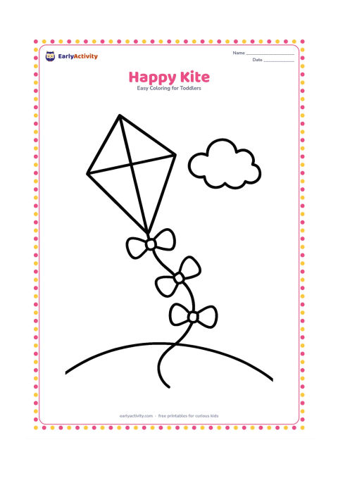 Colouring page: Draw a diamond-shaped kite with a long curved tail and three large bows, floating above a simple grassy hill with one cloud.