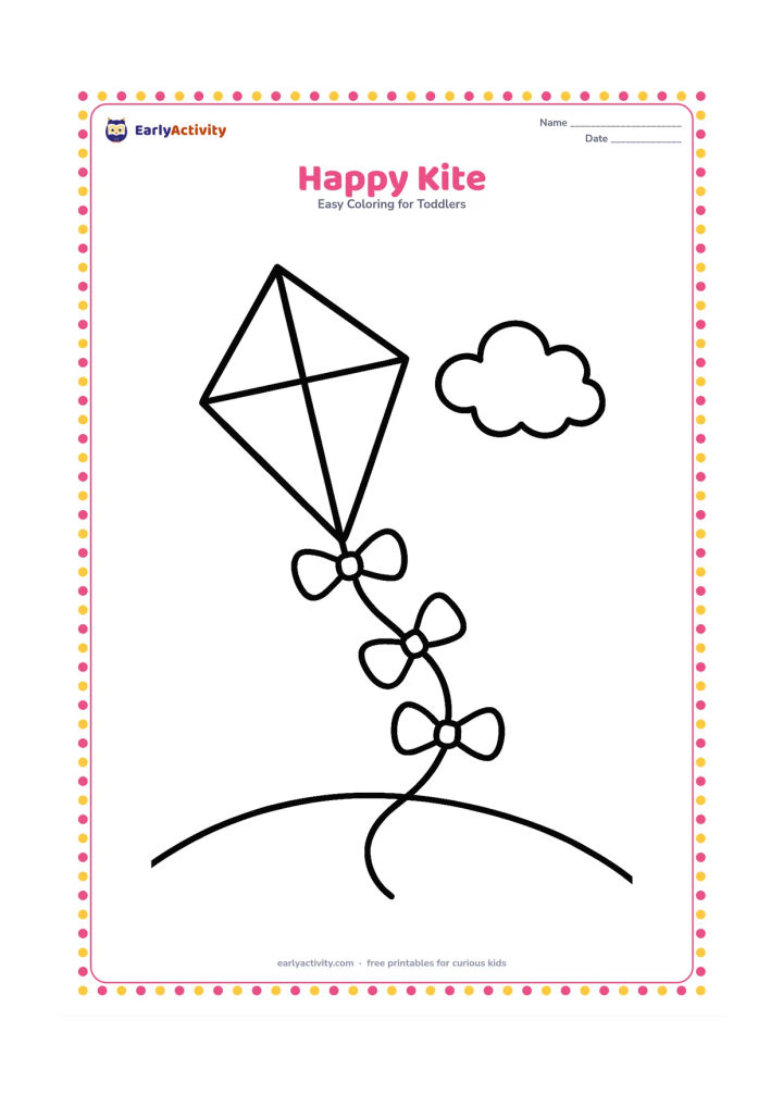 Colouring page: Draw a diamond-shaped kite with a long curved tail and three large bows, floating above a simple grassy hill with one cloud.