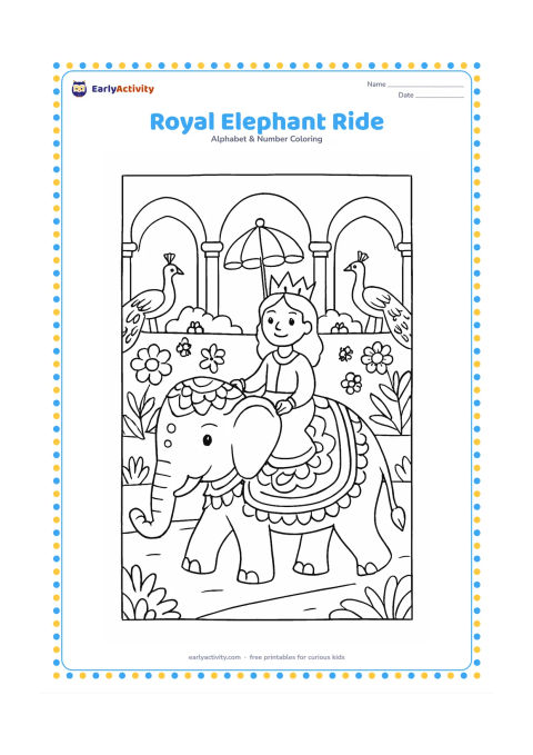 Colouring page: A smiling queen rides a decorated elephant along a palace garden path, holding a small parasol. Add arches, flowering plants, and two peacocks in the background.