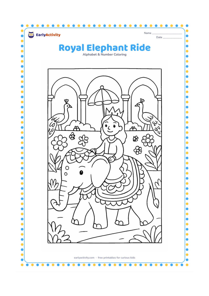 Colouring page: A smiling queen rides a decorated elephant along a palace garden path, holding a small parasol. Add arches, flowering plants, and two peacocks in the background.
