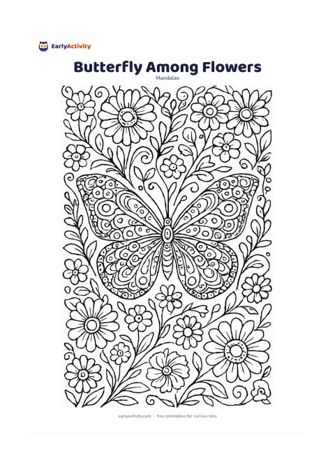 Colouring page: Place a symmetrical butterfly at the centre with open wings covered in repeating circles, teardrops, and curved bands. Surround it with layered garden flowers, curling stems, small…