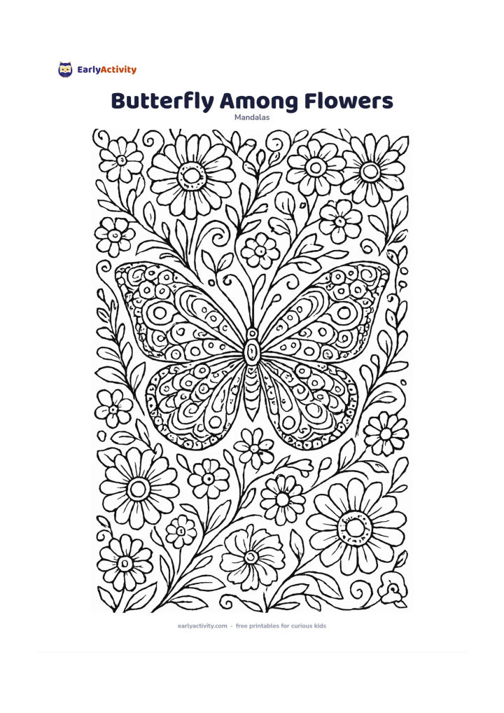 Colouring page: Place a symmetrical butterfly at the centre with open wings covered in repeating circles, teardrops, and curved bands. Surround it with layered garden flowers, curling stems, small…
