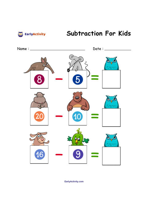 Worksheet with three animal subtraction problems: 8 minus 5, 20 minus 10, and 16 minus 9, each with a blank answer box.