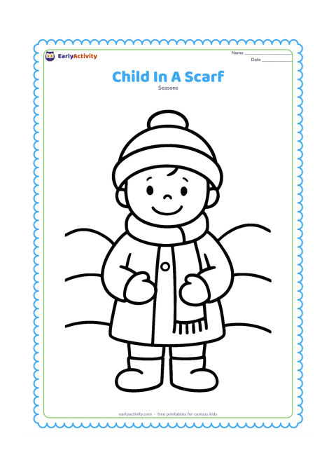 Colouring page: A smiling child stands facing forward in a warm coat, round hat and long scarf, holding the scarf ends. Place two simple snow-covered hills behind the child.
