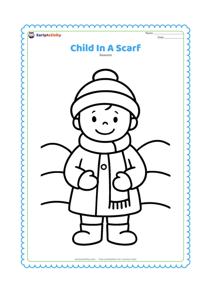 Colouring page: A smiling child stands facing forward in a warm coat, round hat and long scarf, holding the scarf ends. Place two simple snow-covered hills behind the child.