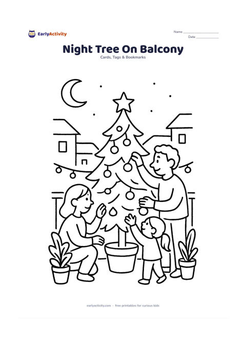 Worksheet: Draw a family decorating a Christmas tree on an apartment balcony at night, with strings of lights, potted plants and a crescent moon above nearby rooftops. Show one adult holding a…