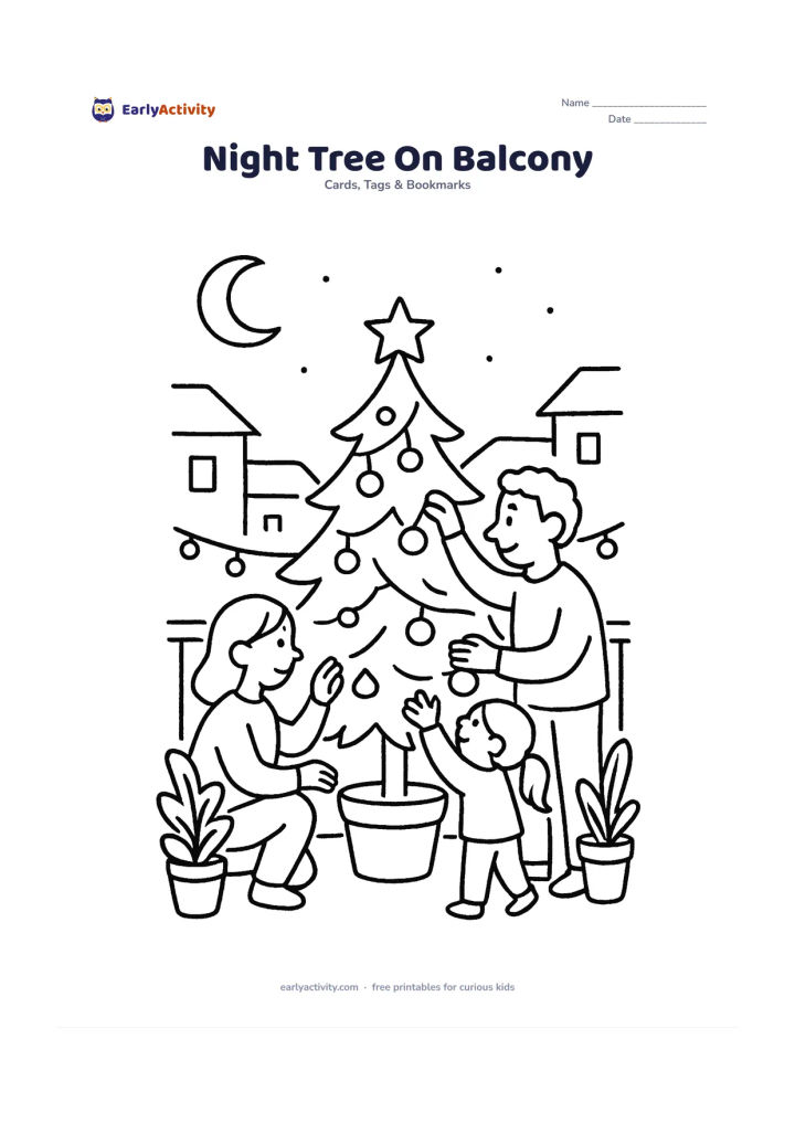 Worksheet: Draw a family decorating a Christmas tree on an apartment balcony at night, with strings of lights, potted plants and a crescent moon above nearby rooftops. Show one adult holding a…
