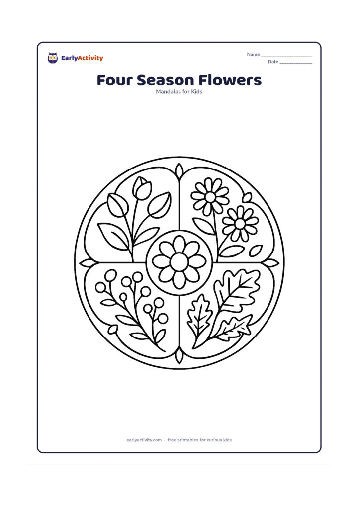 Colouring page: Divide one circular mandala into four repeating floral sections: spring buds, sunny summer flowers, autumn leaves and winter berries, all surrounding a central flower. Keep the sections…