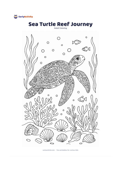 Colouring page: Draw a sea turtle swimming diagonally above a coral reef, with its flippers extended. Surround it with seaweed, branching coral, shells, small fish and rising bubbles, leaving open water…
