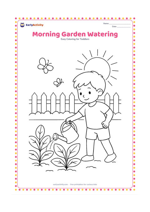 Colouring page: Draw a child watering a row of large plants with a can, with a rising sun, two butterflies and a simple garden fence.