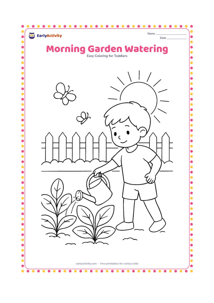 Colouring page: Draw a child watering a row of large plants with a can, with a rising sun, two butterflies and a simple garden fence.
