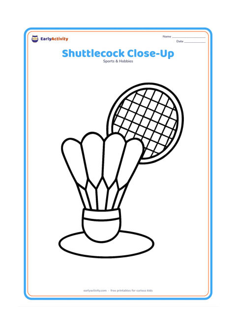 Colouring page: Draw a large shuttlecock in the centre with a badminton racket partly behind it. Add a simple oval court mark underneath and no background details.