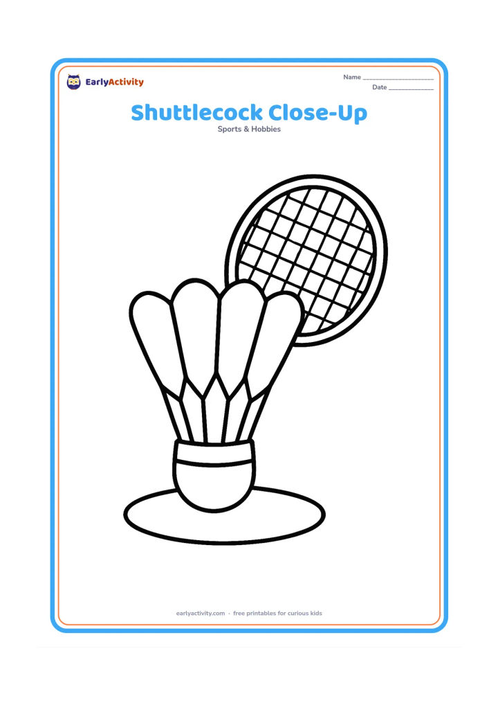 Colouring page: Draw a large shuttlecock in the centre with a badminton racket partly behind it. Add a simple oval court mark underneath and no background details.