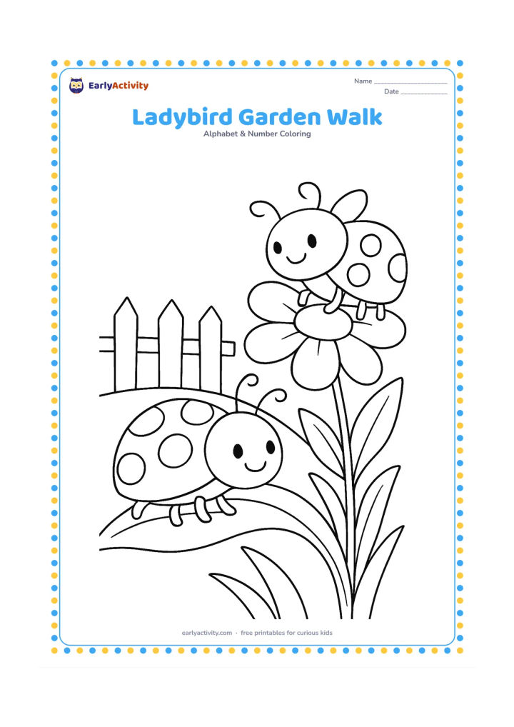 Colouring page: Draw a ladybird crawling along a curved garden leaf with a second ladybird on a nearby flower. Add stems, a few rounded petals and a small fence in the background.