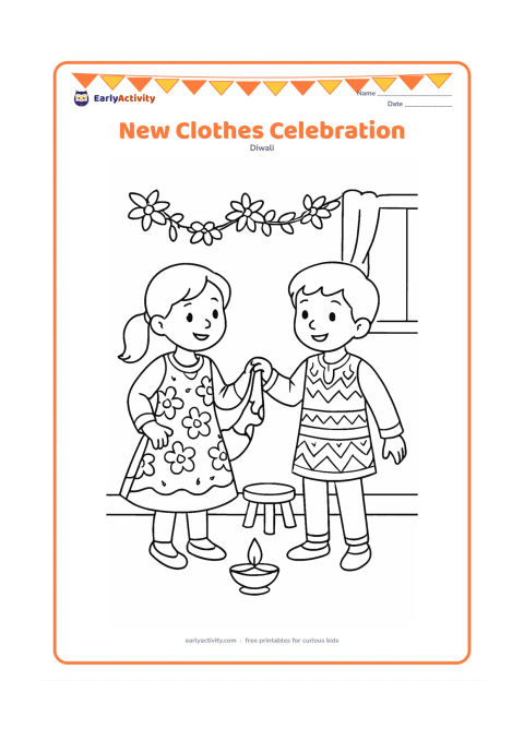 Colouring page: Draw two children showing each other their new festive clothes in a living room decorated with flower garlands and one glowing diya. Include a small stool, a window and a simple curtain.