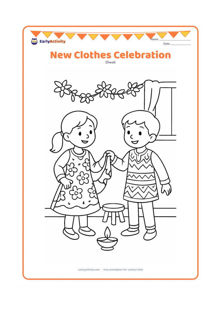 Colouring page: Draw two children showing each other their new festive clothes in a living room decorated with flower garlands and one glowing diya. Include a small stool, a window and a simple curtain.