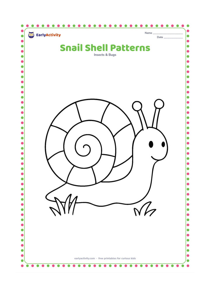 Colouring page: Draw a close-up side-view snail with a prominent shell divided into broad curved sections and simple spiral bands. Add a few grass blades beneath its broad foot.
