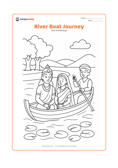 Colouring page: Ram and Sita sit peacefully in a small boat crossing a wide river with a friendly boatman, riverbank trees, lotus leaves, and distant hills.