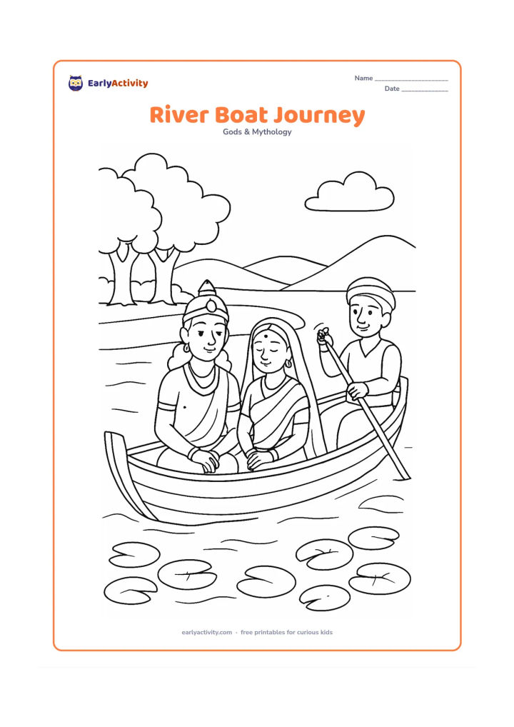 Colouring page: Ram and Sita sit peacefully in a small boat crossing a wide river with a friendly boatman, riverbank trees, lotus leaves, and distant hills.