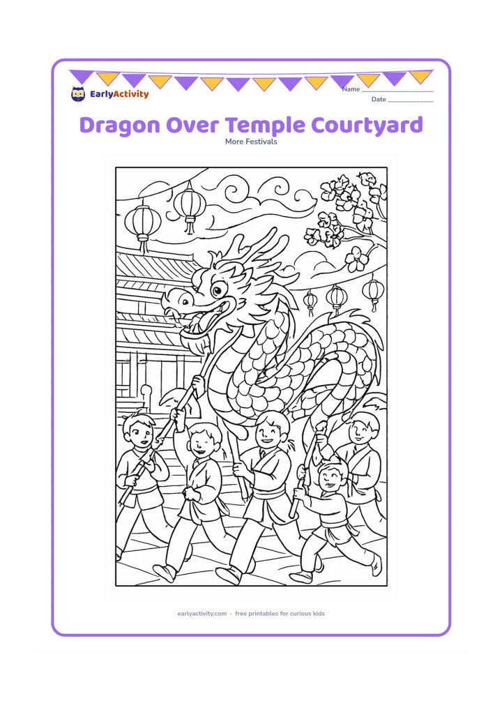 Colouring page: Draw a long ornate dragon dancing through a temple courtyard with five performers, layered rooflines, stone steps, lantern strings, flowering branches and curling clouds. Show the dragon…
