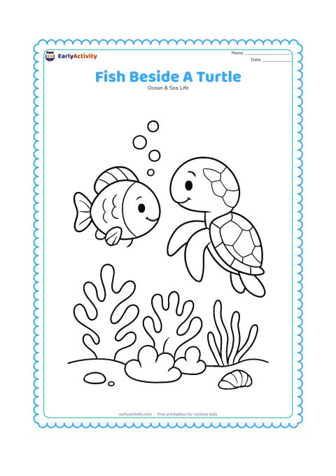 Colouring page: Draw a friendly fish swimming beside a sea turtle above a reef floor, with rounded coral, sea grass, bubbles and a small shell. Show both animals in side view with space between them.