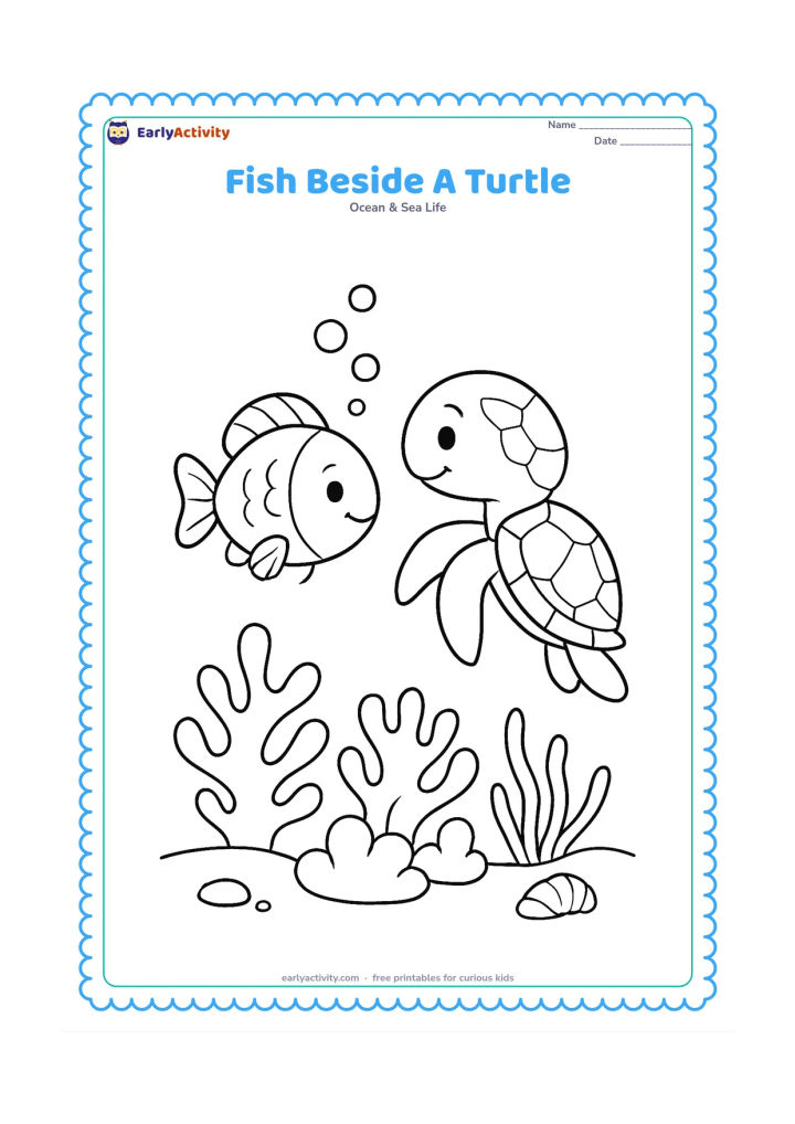 Colouring page: Draw a friendly fish swimming beside a sea turtle above a reef floor, with rounded coral, sea grass, bubbles and a small shell. Show both animals in side view with space between them.