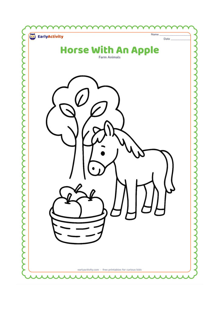 Colouring page: A standing horse reaches its head toward a child-sized basket holding three large apples on the ground. Place the horse near a simple orchard tree with a few large leaves.