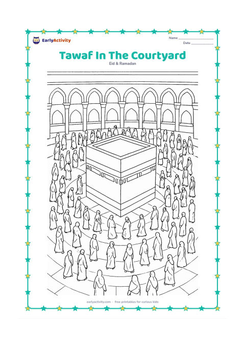 Colouring page: A detailed overhead view shows diverse pilgrims moving in flowing circles around the Kaaba, with surrounding marble floor, repeating arches and shaded walkways. Keep the Kaaba central…