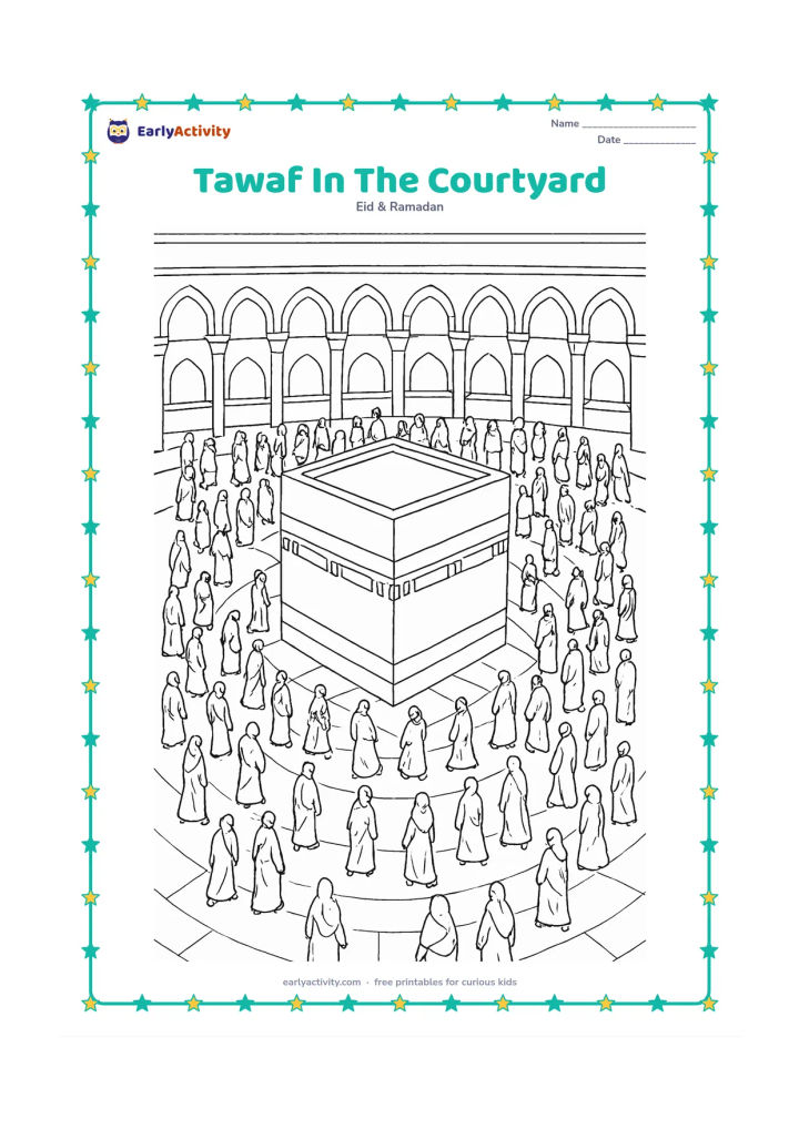 Colouring page: A detailed overhead view shows diverse pilgrims moving in flowing circles around the Kaaba, with surrounding marble floor, repeating arches and shaded walkways. Keep the Kaaba central…