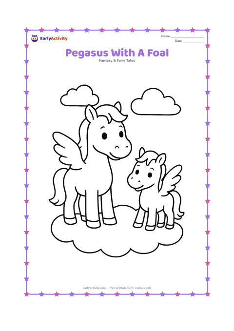 Colouring page: Show a large pegasus standing beside a smaller winged foal, both facing the viewer in a friendly way. Place them on a simple cloud with two distant clouds behind them.
