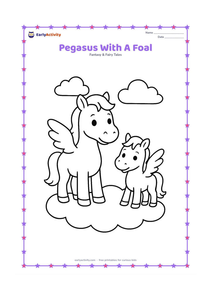 Colouring page: Show a large pegasus standing beside a smaller winged foal, both facing the viewer in a friendly way. Place them on a simple cloud with two distant clouds behind them.