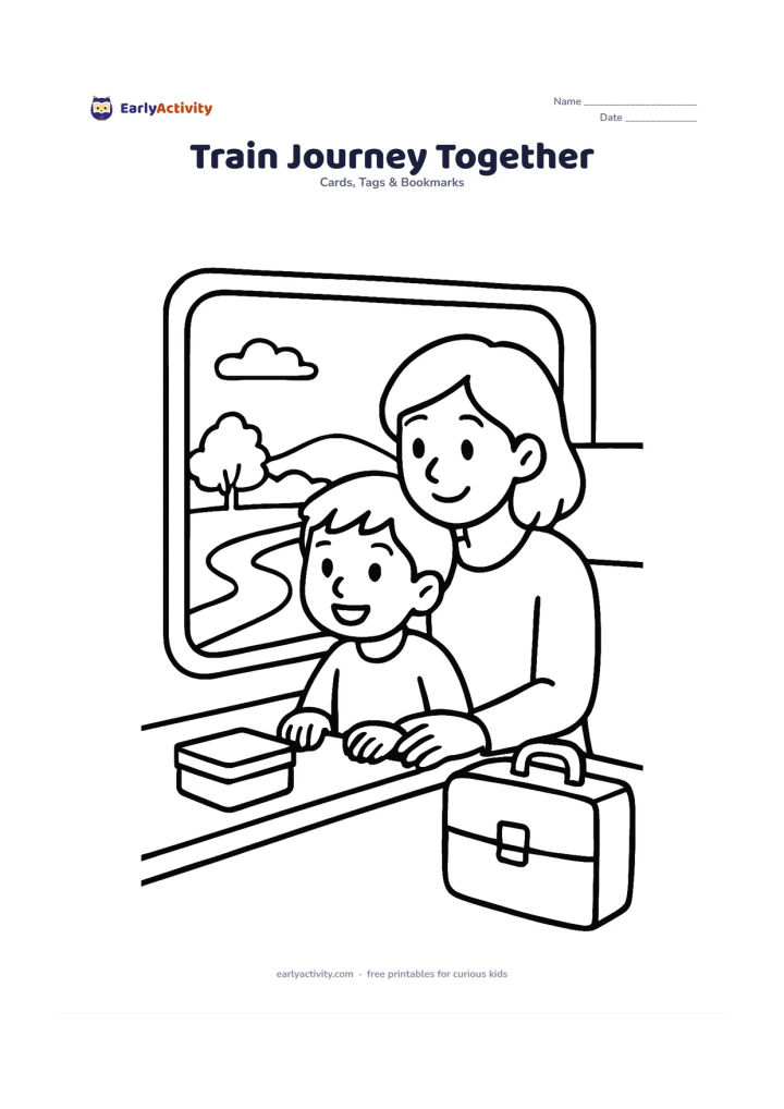 Worksheet: Draw a child and caring adult looking out of a train window together, with a suitcase, snack box and countryside visible outside. The train compartment should have a large empty window…