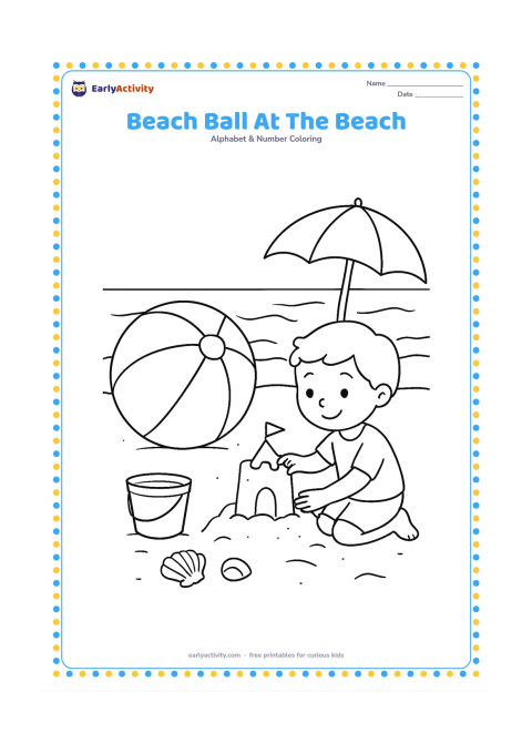 Colouring page: Draw a large beach ball beside a child building a small sandcastle near gentle waves. Add a bucket, shovel, shells and a simple umbrella with no patterns or words.