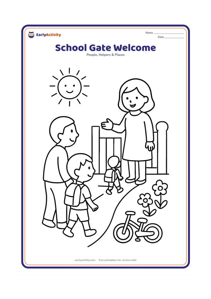 Colouring page: A friendly teacher welcomes a child arriving with a parent at a simple school gate, while another child walks inside carrying a bag. Add flowering plants, a path, a bicycle and a morning…
