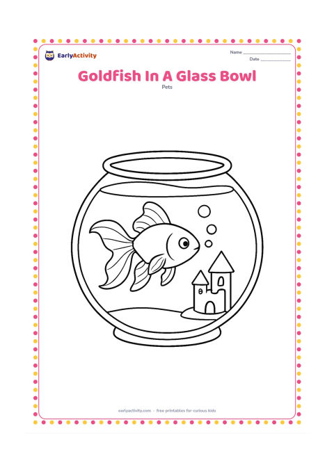 Colouring page: Draw a goldfish turning in a round glass bowl, with a curved tail, flowing fins, several bubbles and a small castle-shaped aquarium ornament. Arrange the bowl centrally with open space…