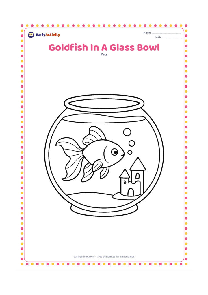 Colouring page: Draw a goldfish turning in a round glass bowl, with a curved tail, flowing fins, several bubbles and a small castle-shaped aquarium ornament. Arrange the bowl centrally with open space…