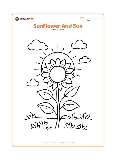 Worksheet: Draw a large round sun behind a tall sunflower, with several leaves, a gently curving stem, low garden plants and a few clouds. Let some sun rays appear around the flower without hiding…