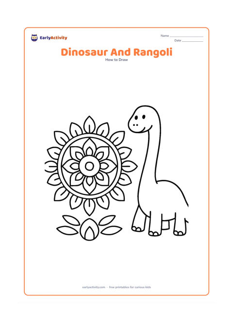 Worksheet: Show a friendly long-necked dinosaur beside a large geometric rangoli pattern on the ground, built from body ovals and curved neck lines before adding plant shapes and a simple house…