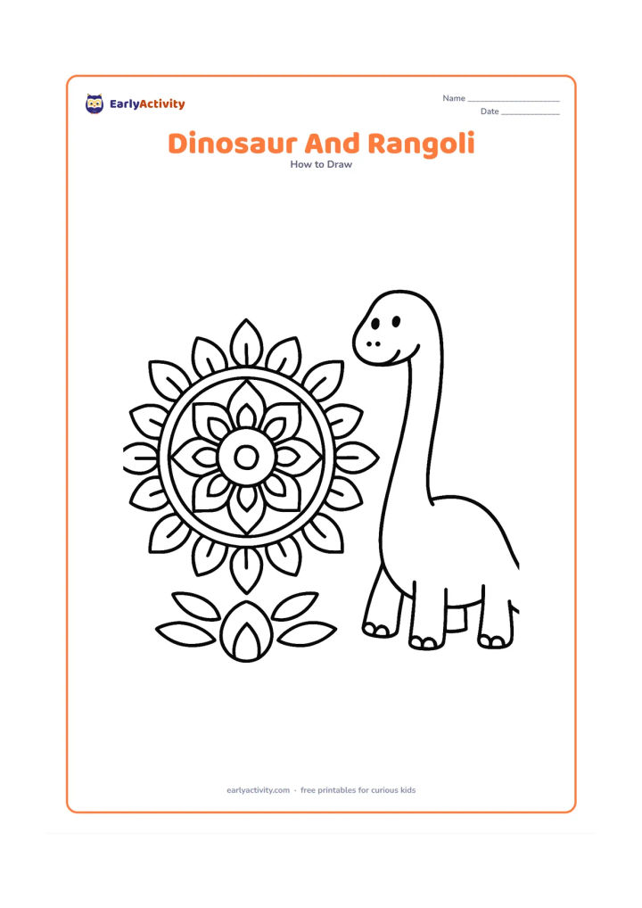 Worksheet: Show a friendly long-necked dinosaur beside a large geometric rangoli pattern on the ground, built from body ovals and curved neck lines before adding plant shapes and a simple house…
