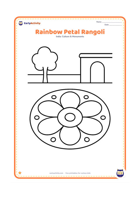 Colouring page: Draw a circular rangoli made of six very large rounded petals and a wide outer ring, with a few big dots between the petals. Add a simple open courtyard background.