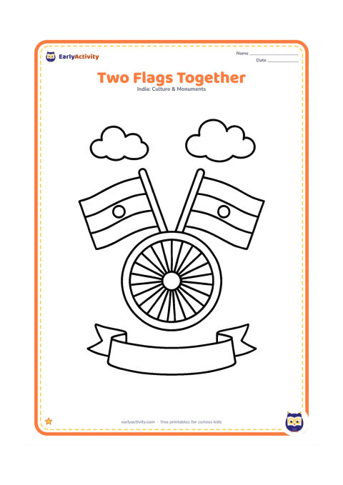 Colouring page: Draw two small Indian flags crossed behind a large central Ashoka Chakra. Add a simple ribbon-like shape without any writing and a few rounded clouds.