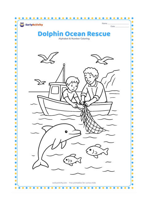 Colouring page: A dolphin swims beside a small research boat while a child and adult lift a loose piece of seaweed from the water with a net. Add seabirds, waves, distant cliffs and fish beneath the…