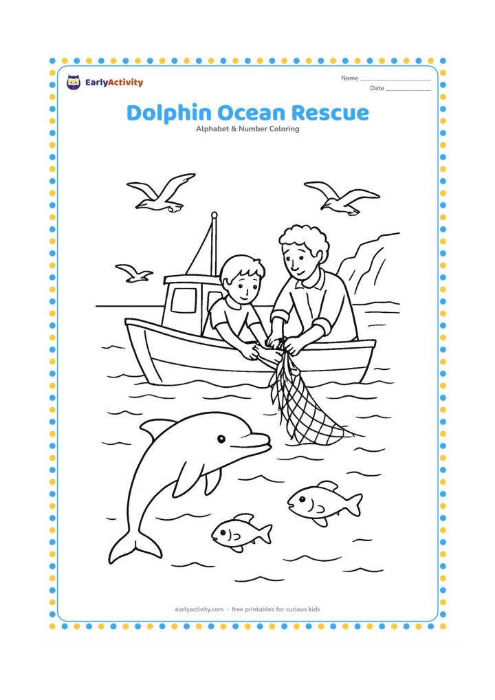 Colouring page: A dolphin swims beside a small research boat while a child and adult lift a loose piece of seaweed from the water with a net. Add seabirds, waves, distant cliffs and fish beneath the…