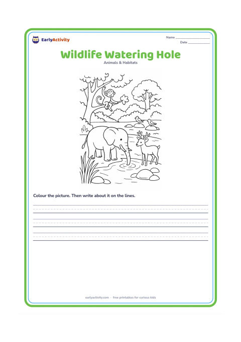Worksheet: Draw a detailed Indian forest watering hole with an elephant drinking, a deer at the edge, a monkey in a tree and birds on nearby stones. Include reeds, rocks and distant trees while…