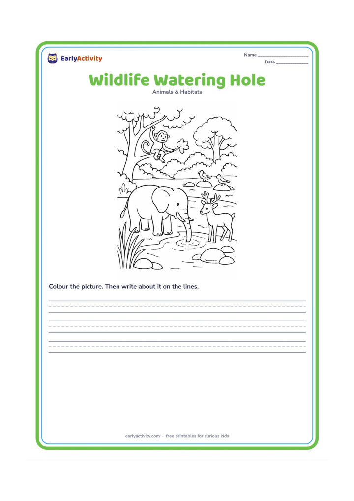 Worksheet: Draw a detailed Indian forest watering hole with an elephant drinking, a deer at the edge, a monkey in a tree and birds on nearby stones. Include reeds, rocks and distant trees while…