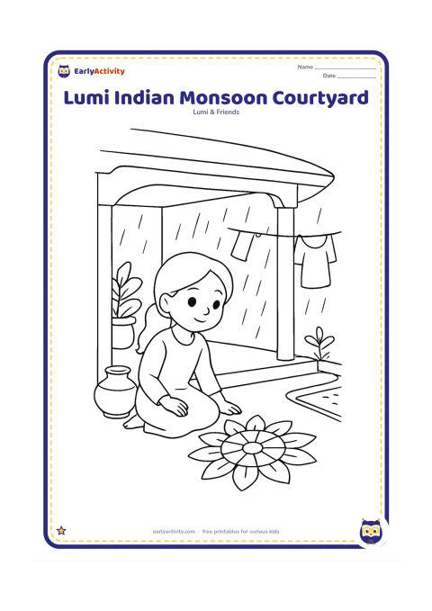Colouring page: Lumi sits in a covered courtyard beside a rangoli made from simple petal shapes while rain falls beyond the veranda. Add a brass water pot, potted plants, hanging laundry without…
