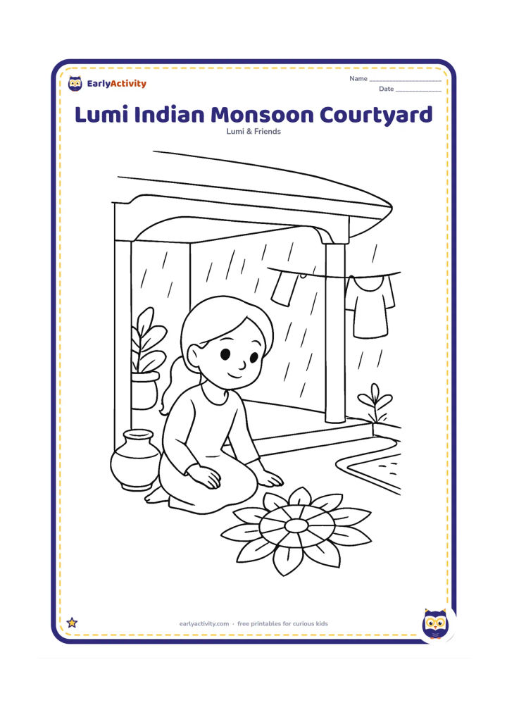 Colouring page: Lumi sits in a covered courtyard beside a rangoli made from simple petal shapes while rain falls beyond the veranda. Add a brass water pot, potted plants, hanging laundry without…