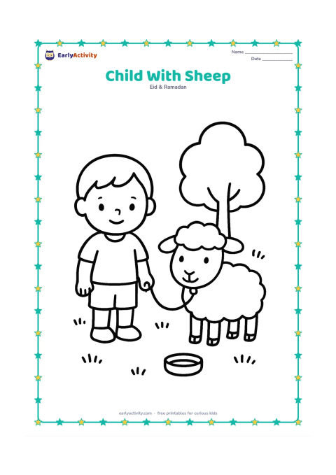 Colouring page: A child gently holds a sheep's lead in a grassy yard with one tree and a small water bowl. Place the child and sheep side by side, both facing forward.